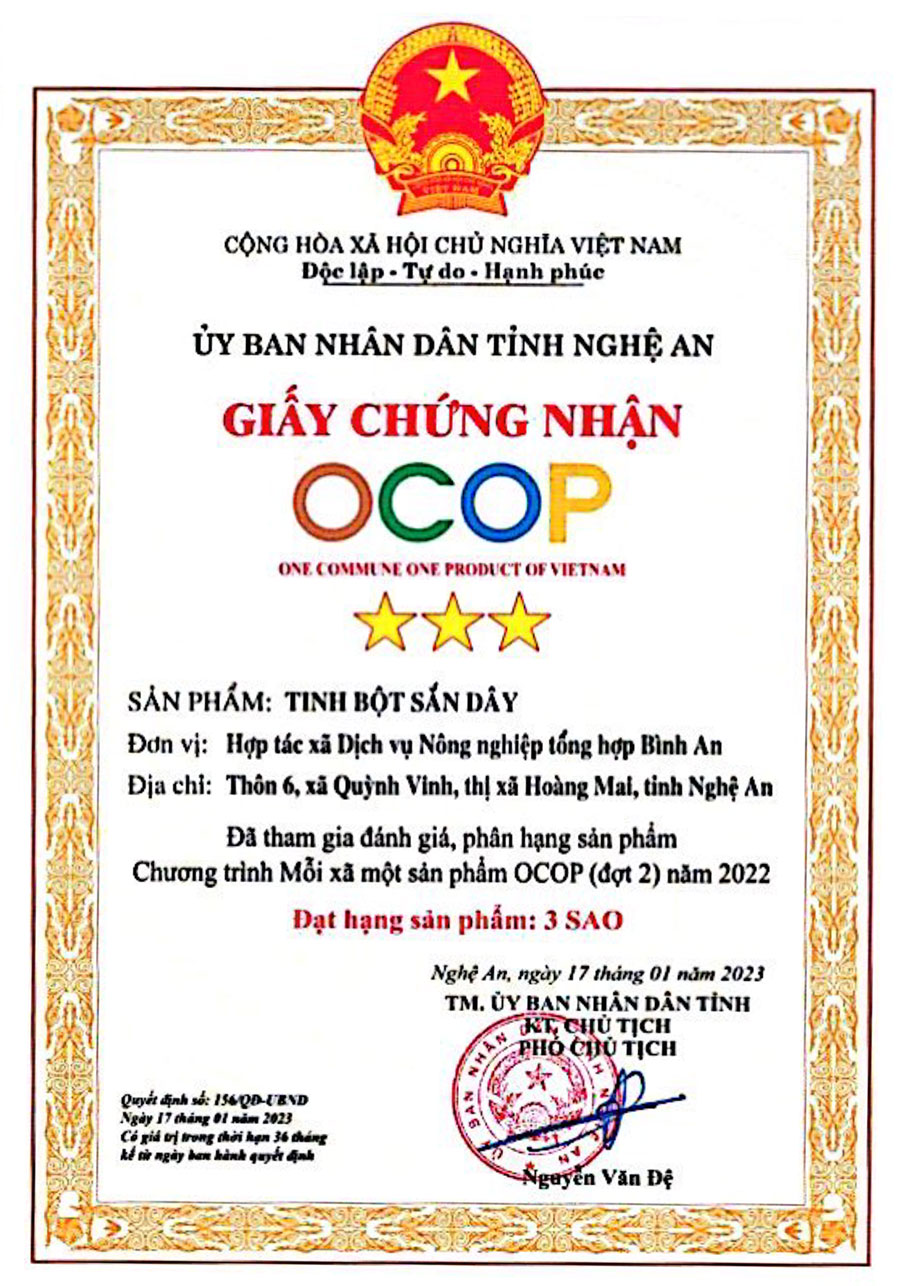 Giấy chứng nhận OCOP UBND Nghệ An: Tinh bột sắn dây Giấy chứng nhận OCOP UBND Nghệ An: Tinh bột sắn dây