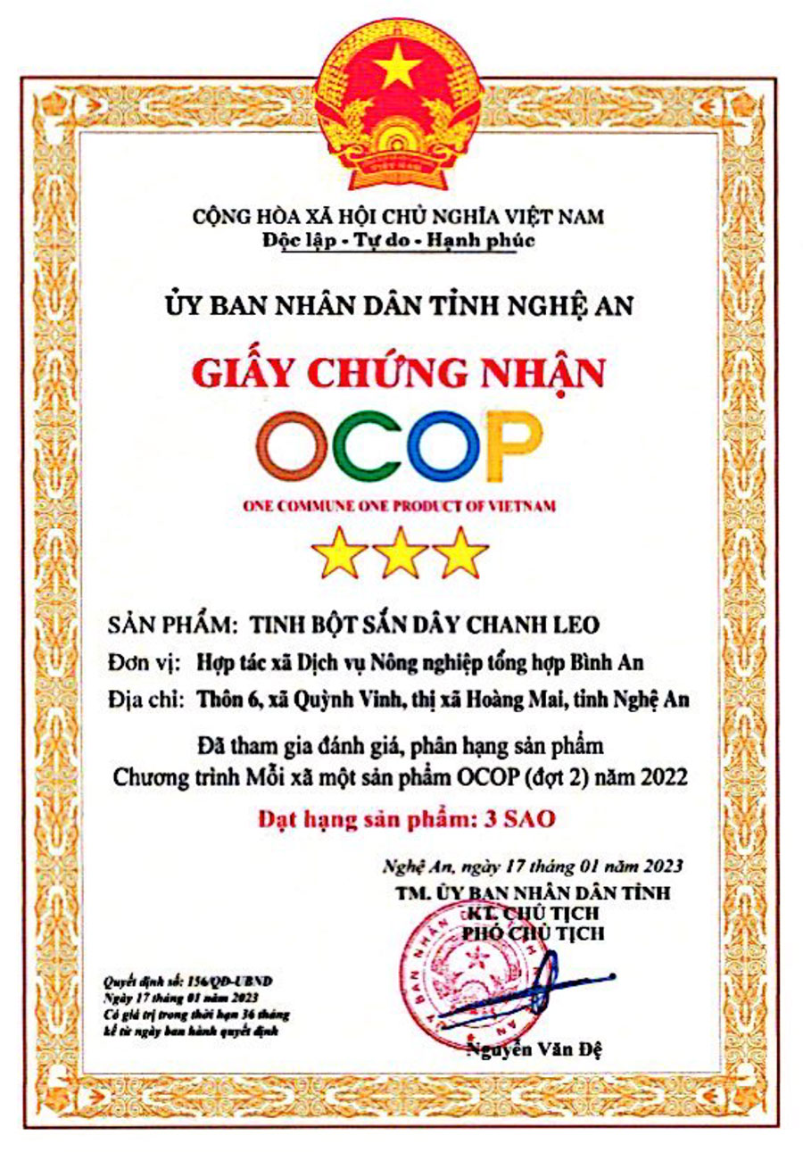 Giấy chứng nhận OCOP UBND Nghệ An: Tinh bột sắn dây chanh leo Giấy chứng nhận OCOP UBND Nghệ An: Tinh bột sắn dây chanh leo