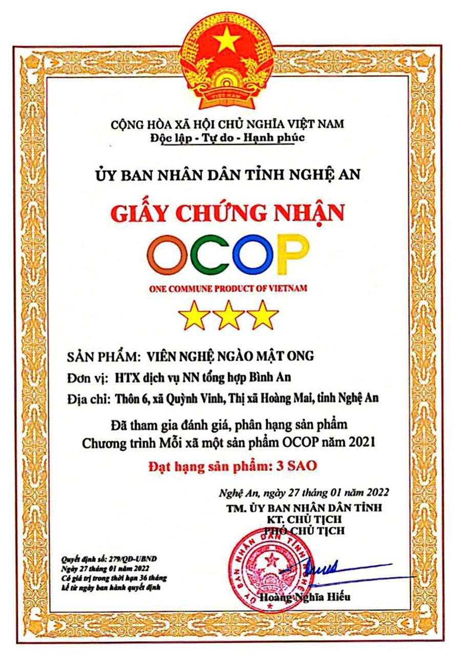 Giấy chứng nhận OCOP UBND Nghệ An: Viên nghệ ngào mật ong Giấy chứng nhận OCOP UBND Nghệ An: Viên nghệ ngào mật ong