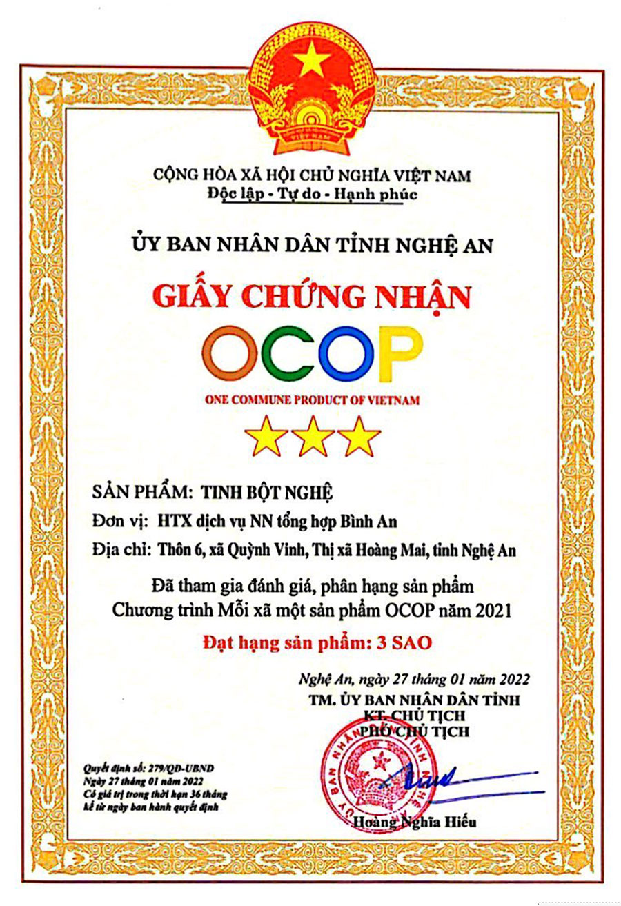 Giấy chứng nhận OCOP UBND Nghệ An: Tinh bột nghệ Giấy chứng nhận OCOP UBND Nghệ An: Tinh bột nghệ