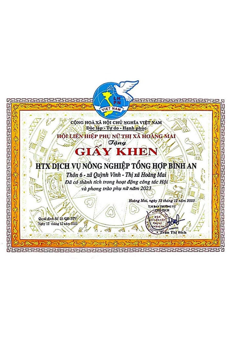 Giấy khen hội liên hiệp phụ nữ Thị xã Hoàng Mai Giấy khen hội liên hiệp phụ nữ Thị xã Hoàng Mai