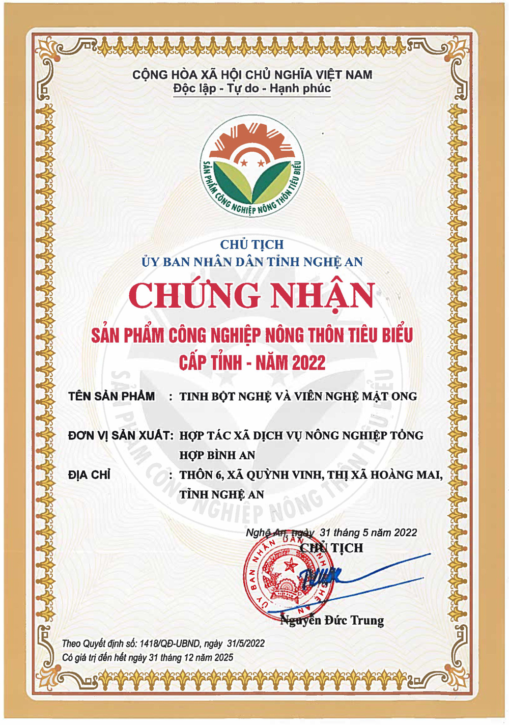 Sản phẩm c&ocirc;ng nghiệp n&ocirc;ng th&ocirc;n ti&ecirc;u biểu cấp tỉnh năm 2022