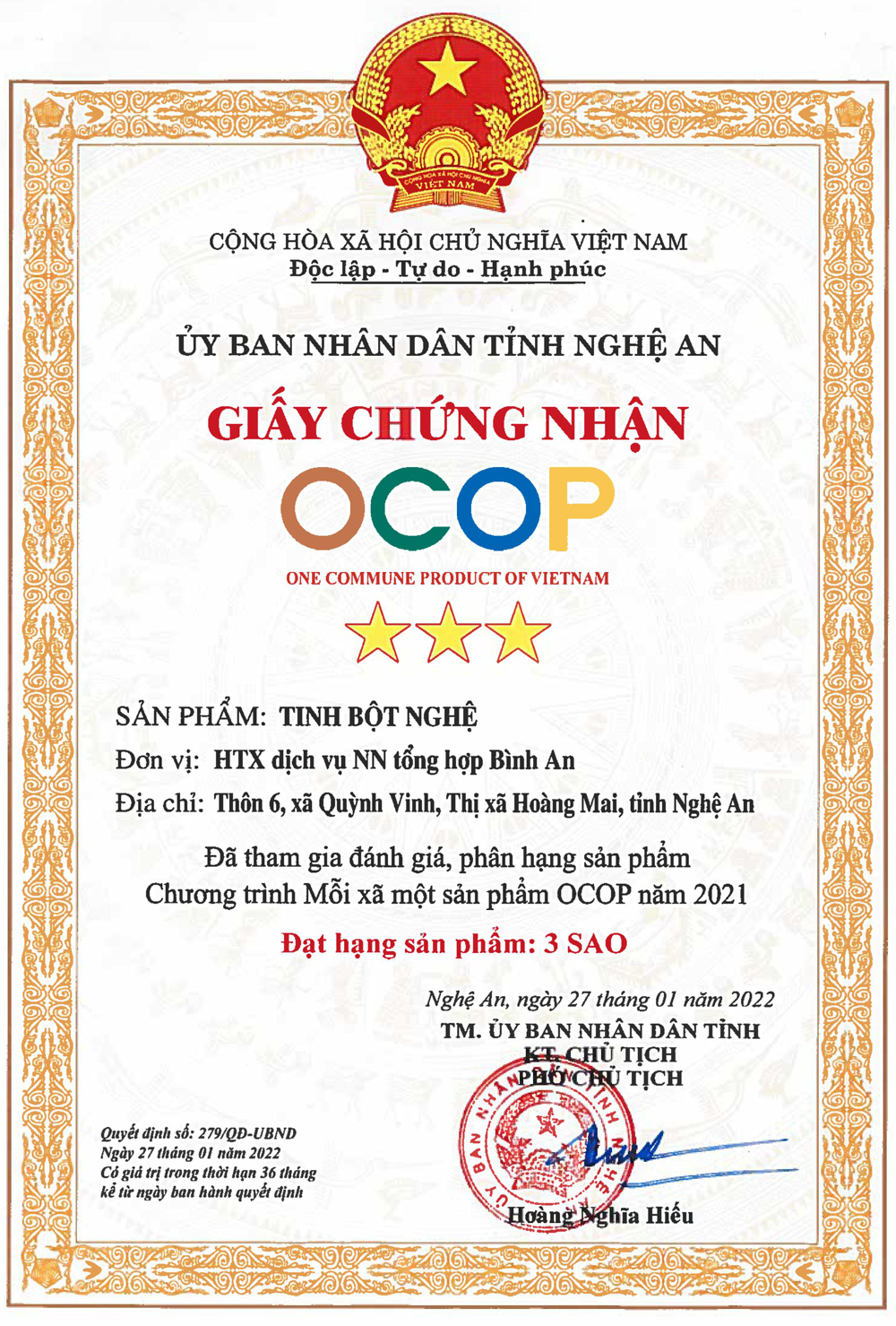 Giấy chứng nhận OCOP - Tinh bột nghệ