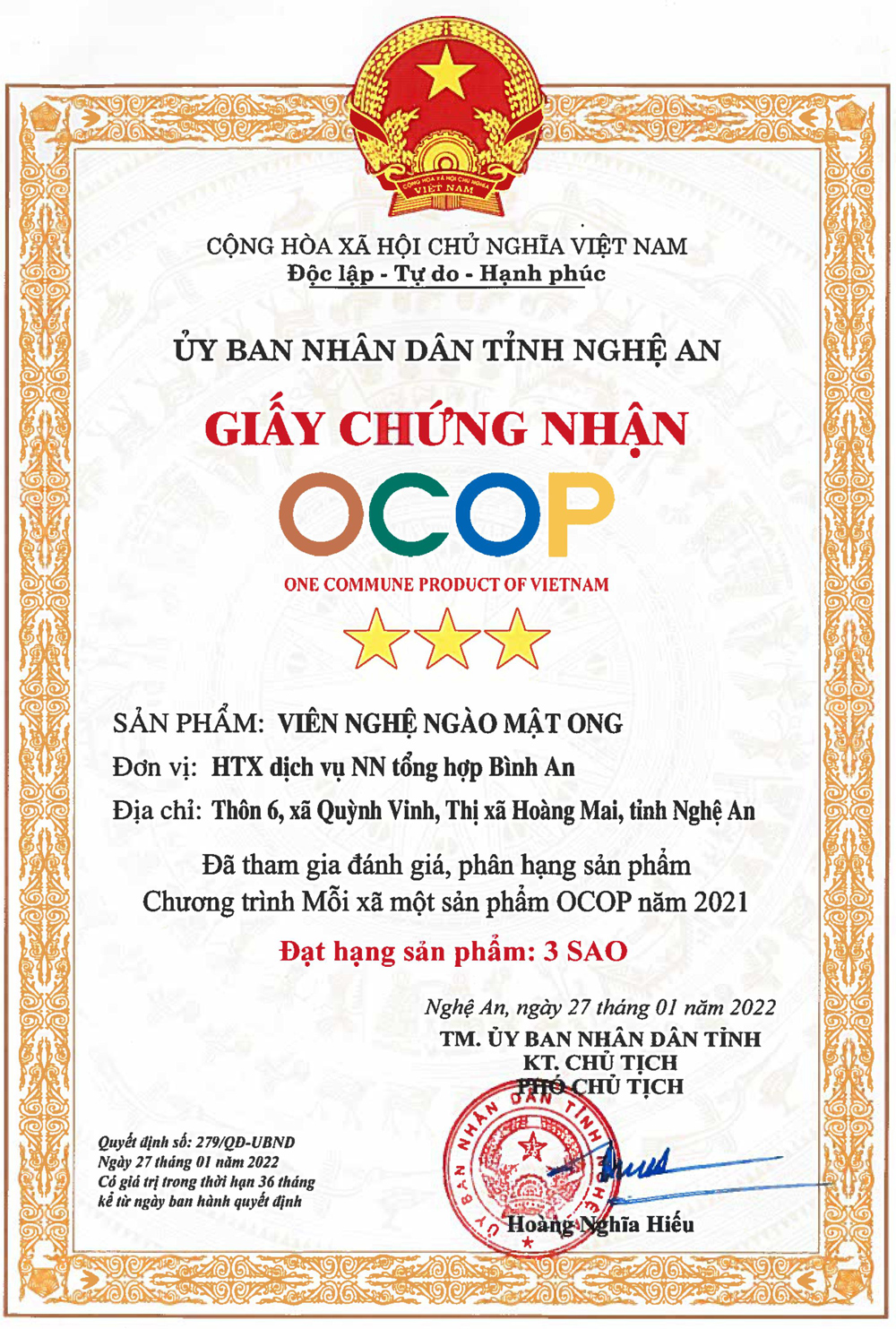 Giấy chứng nhận OCOP - Vi&ecirc;n nghệ ng&agrave;o mật ong